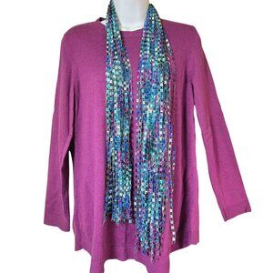 J Jill Purple Sweater Tunic Small Cotton Blend w Long Multicolor Fringed Scarf